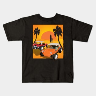 Red and Orange Dune Buggies on Beach w Sunset Kids T-Shirt